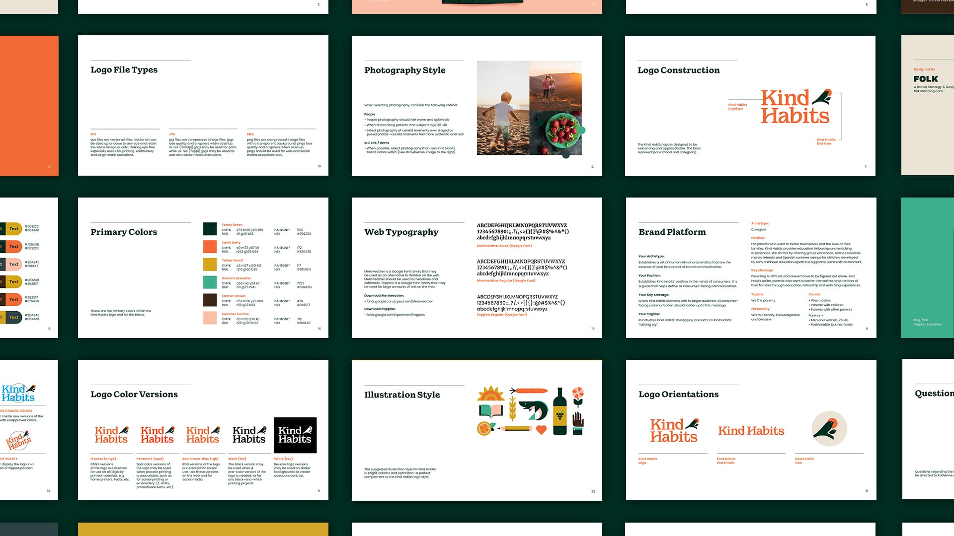 Image showing pages from the Kind Habits brand guidelines.